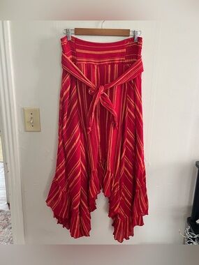 Rock & Roll Cowgirl Red and Gold Striped Asymmetrical Maxi Skirt Western